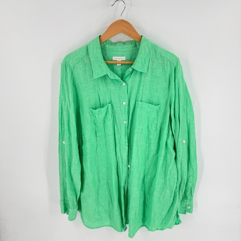 Charter Club Button Down Shirt‎ Green 1X 100% Linen Plus Size Roll Tab Sleeve